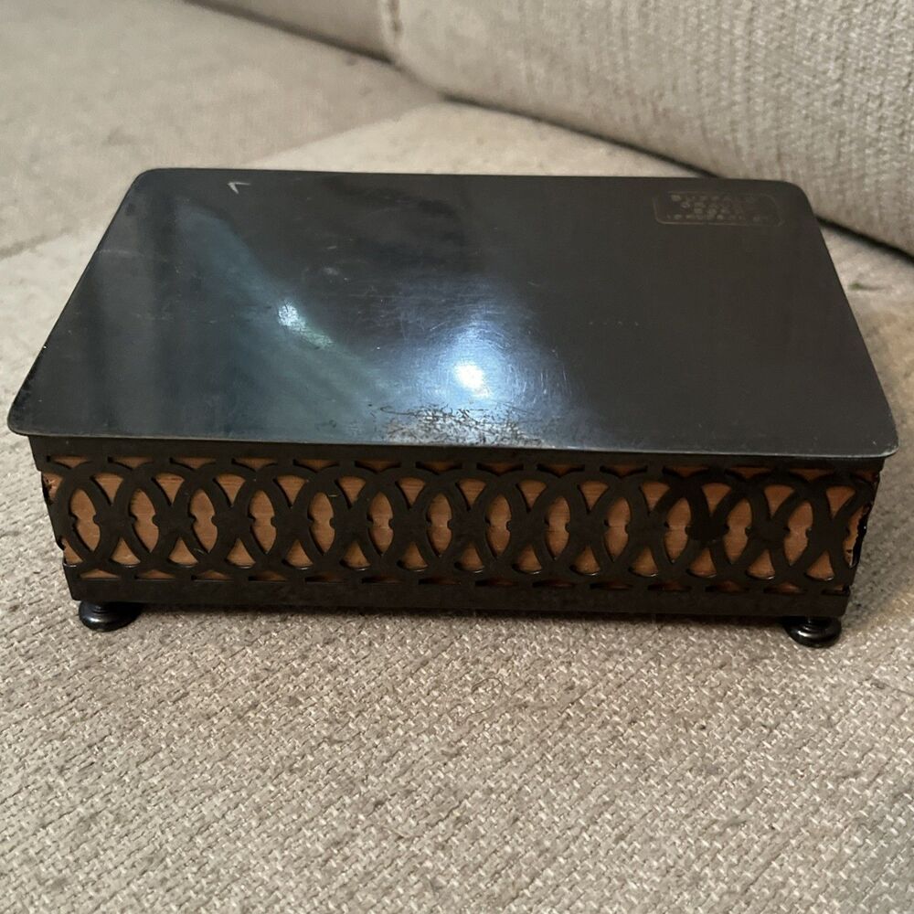 Antique Buffalo Gravel Wood Lined Silvertone Metal Box Tobacco Filigree